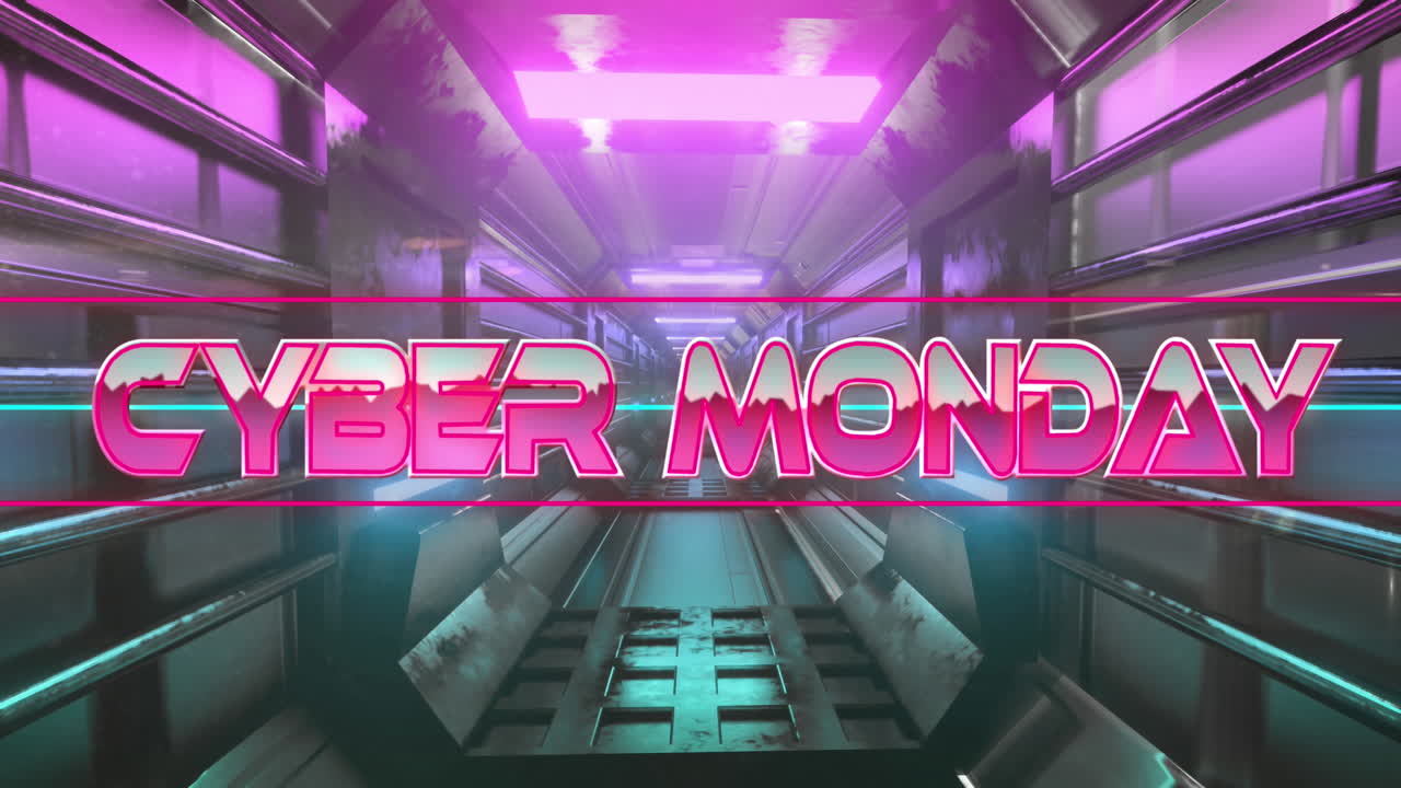 анимация текста киберпонедельника над движущимся цифровым туннелем