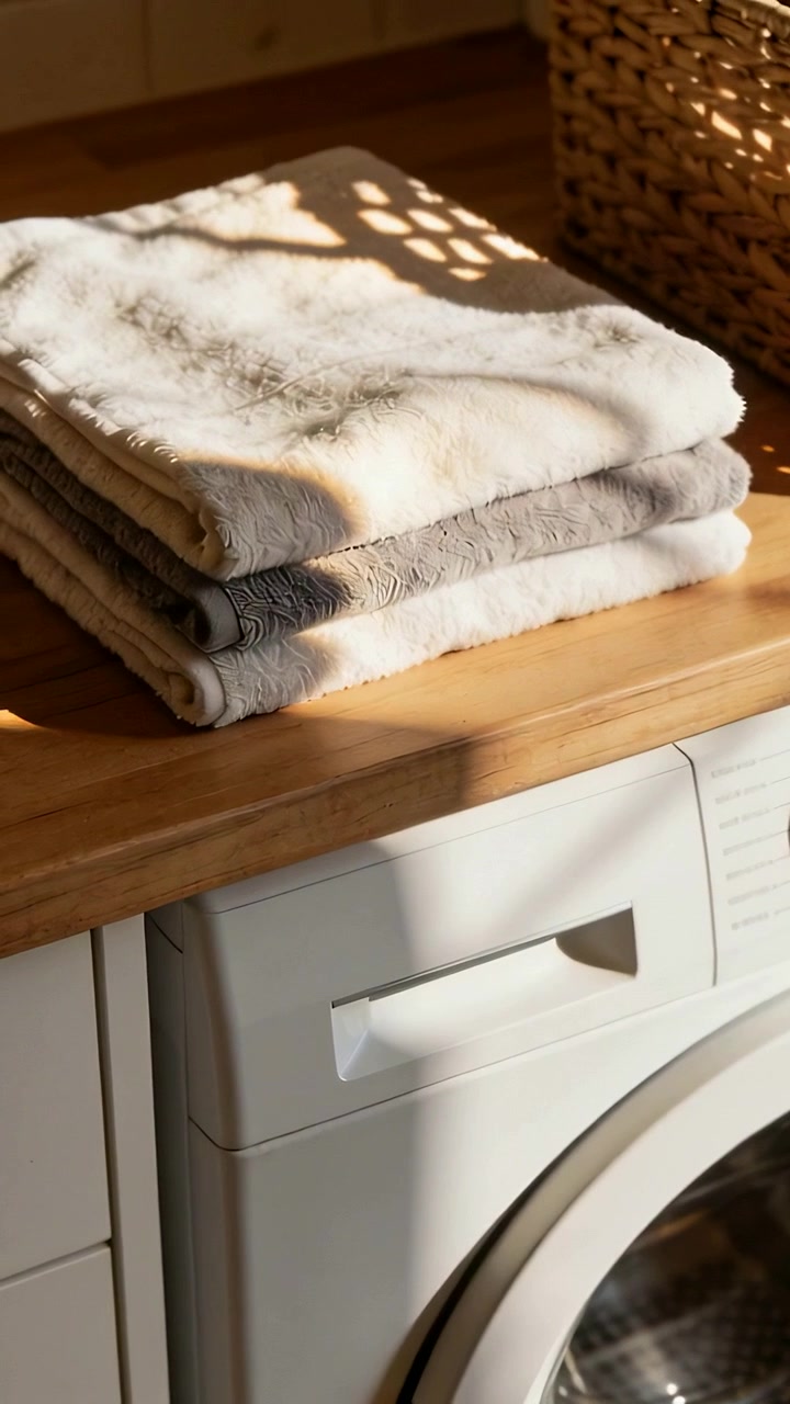 Vertical video: Changing sun angle moving lattice shadow across towels on laundry, washer