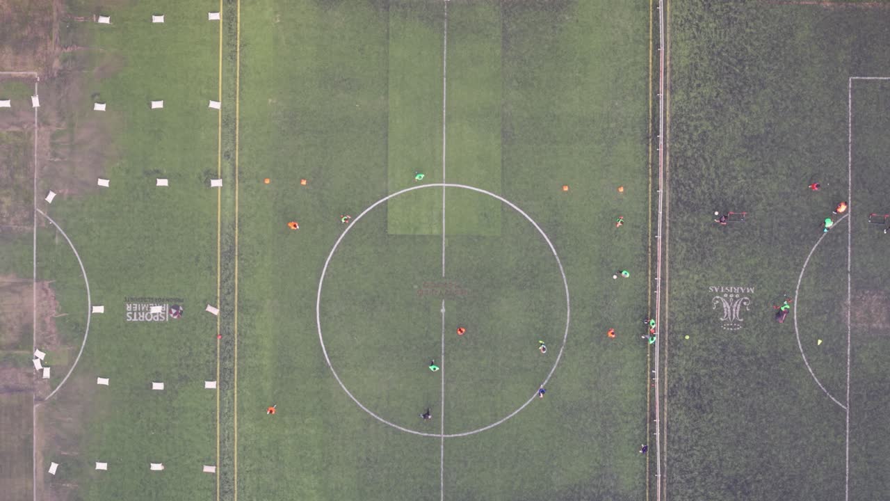 Aerial view of a football pitch with a training session in progress