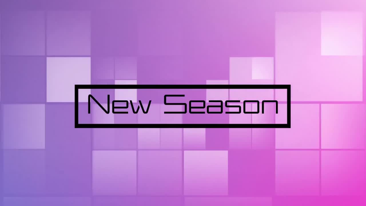 animación del texto de la nueva temporada y cuadrados en fondo rosa