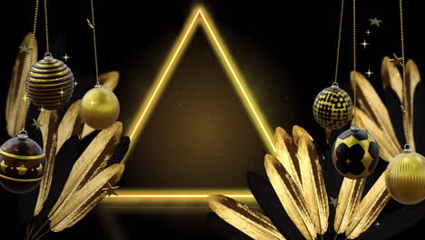 swinging black and gold christmas baubles and stars over gold leaves and triangle on black