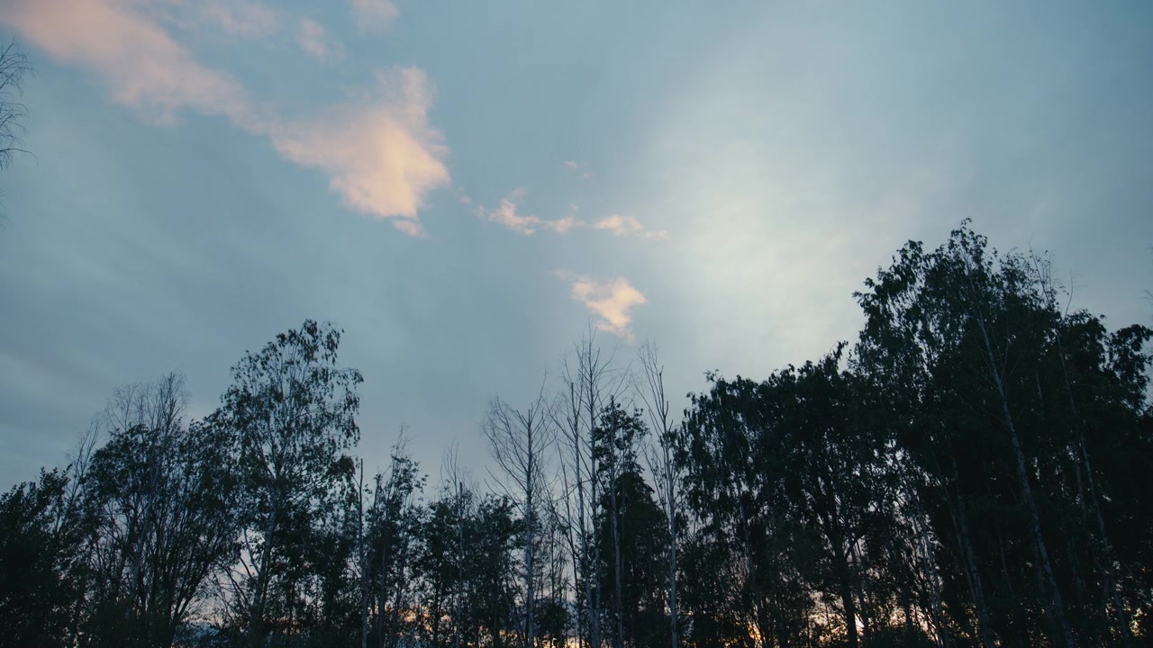 Sun rays break through layered evening clouds above a forest treeline, creating a dramatic sky and peaceful atmosphere at the end of a summer day.