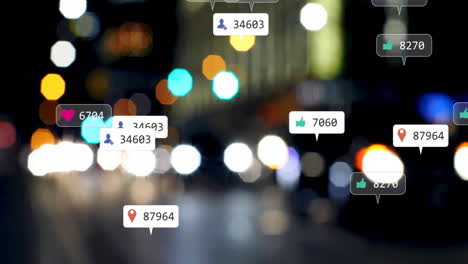 animación de iconos de redes sociales y procesamiento de datos sobre luces de la ciudad.