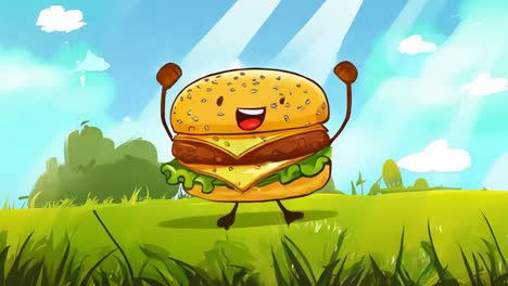 a cartoon hamburger is running in a grassy field