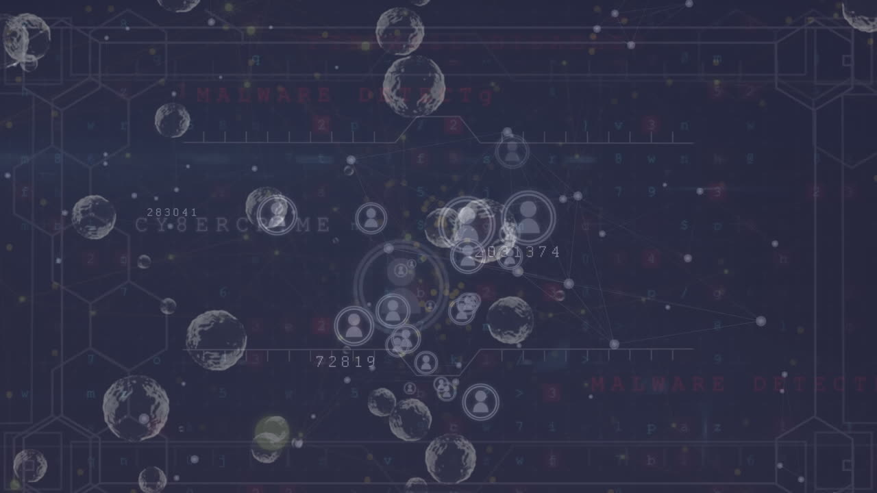 파란색 배경에서 사이버 보안 데이터 처리 위에 떠다니는 프로필 아이콘의 애니메이션