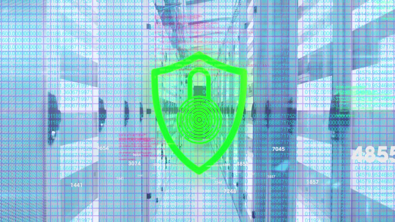 Animation of security padlock icon and data processing against computer server room