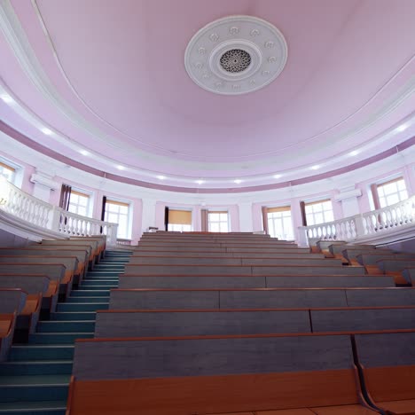Big empty lecture room for study. Pandemic university classroom