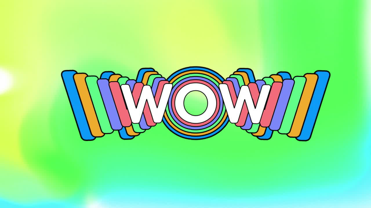 Colorful WOW animation with rainbow layers on vibrant green background