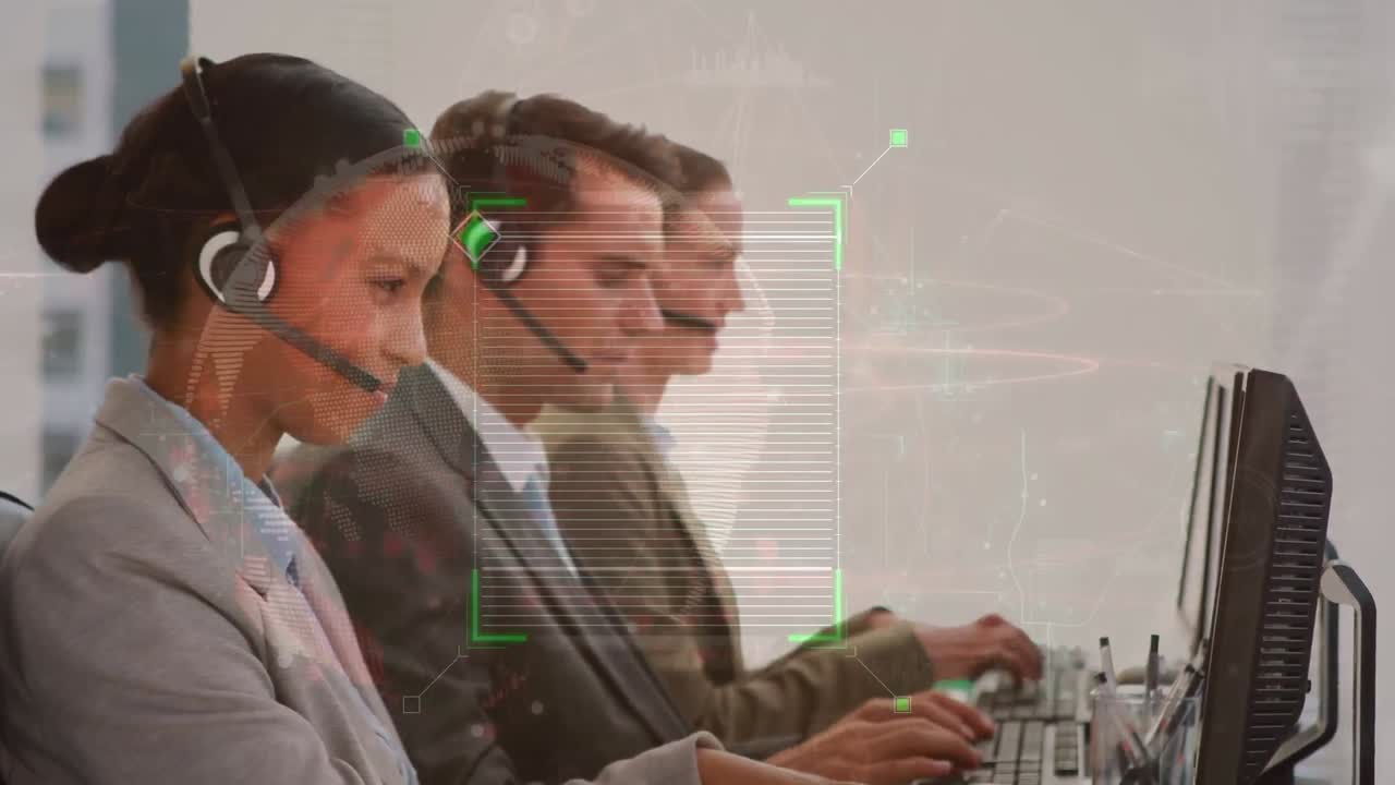 animazione dell'elaborazione dei dati su diversi uomini d'affari che utilizzano cuffie telefoniche
