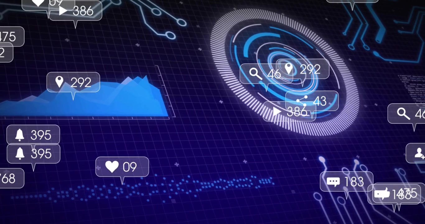 On HUD ring rotating, social icons fading and updating around ring to show engagement metrics