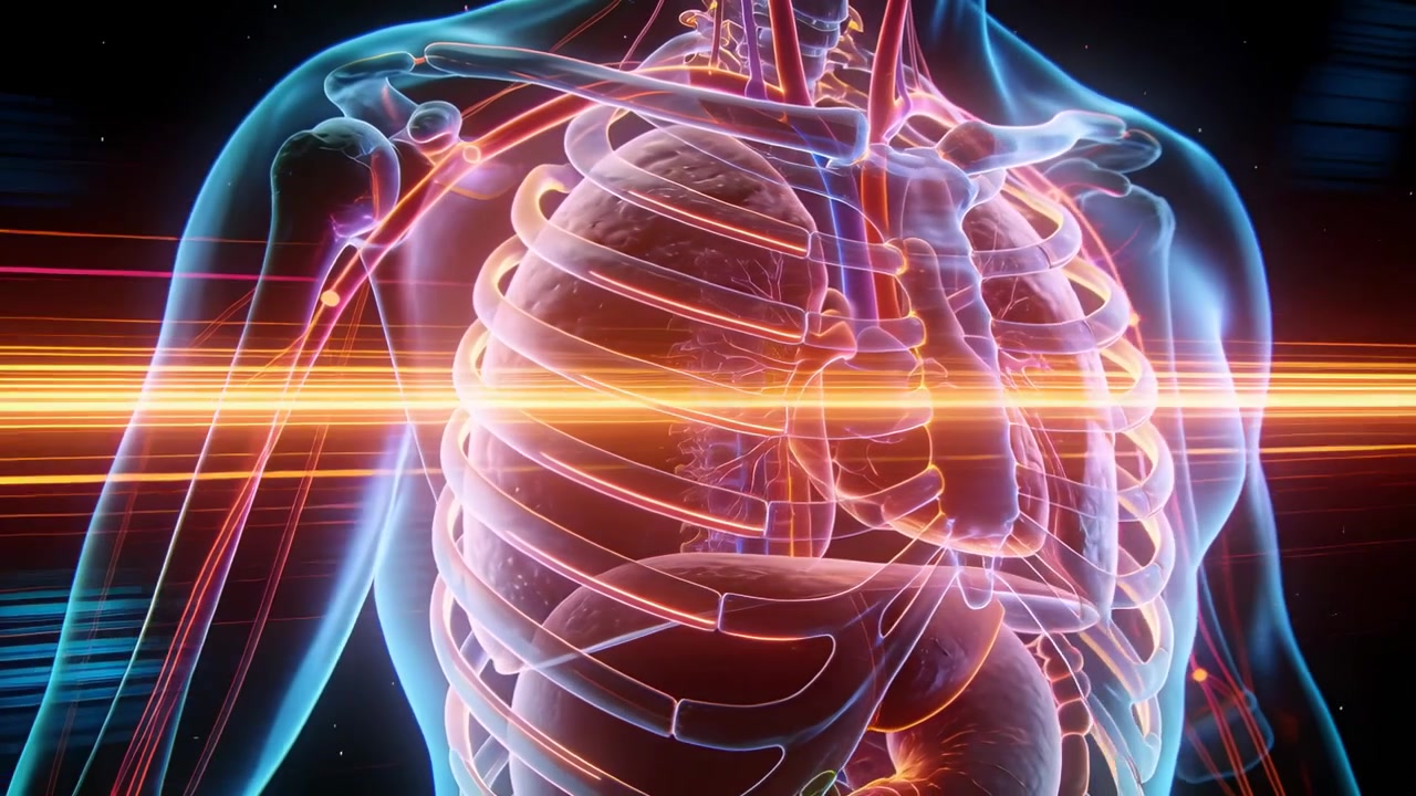 Sweeping band starting clear torso tilting right in dark void, showing ribs heart veins for study