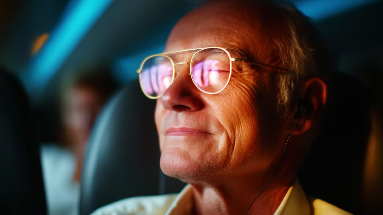 A serene moment captured during air travel, showcasing a middle-aged man with glasses, immersed in thought while aboard an airplane, highlighted by soft light illuminating his face and surroundings