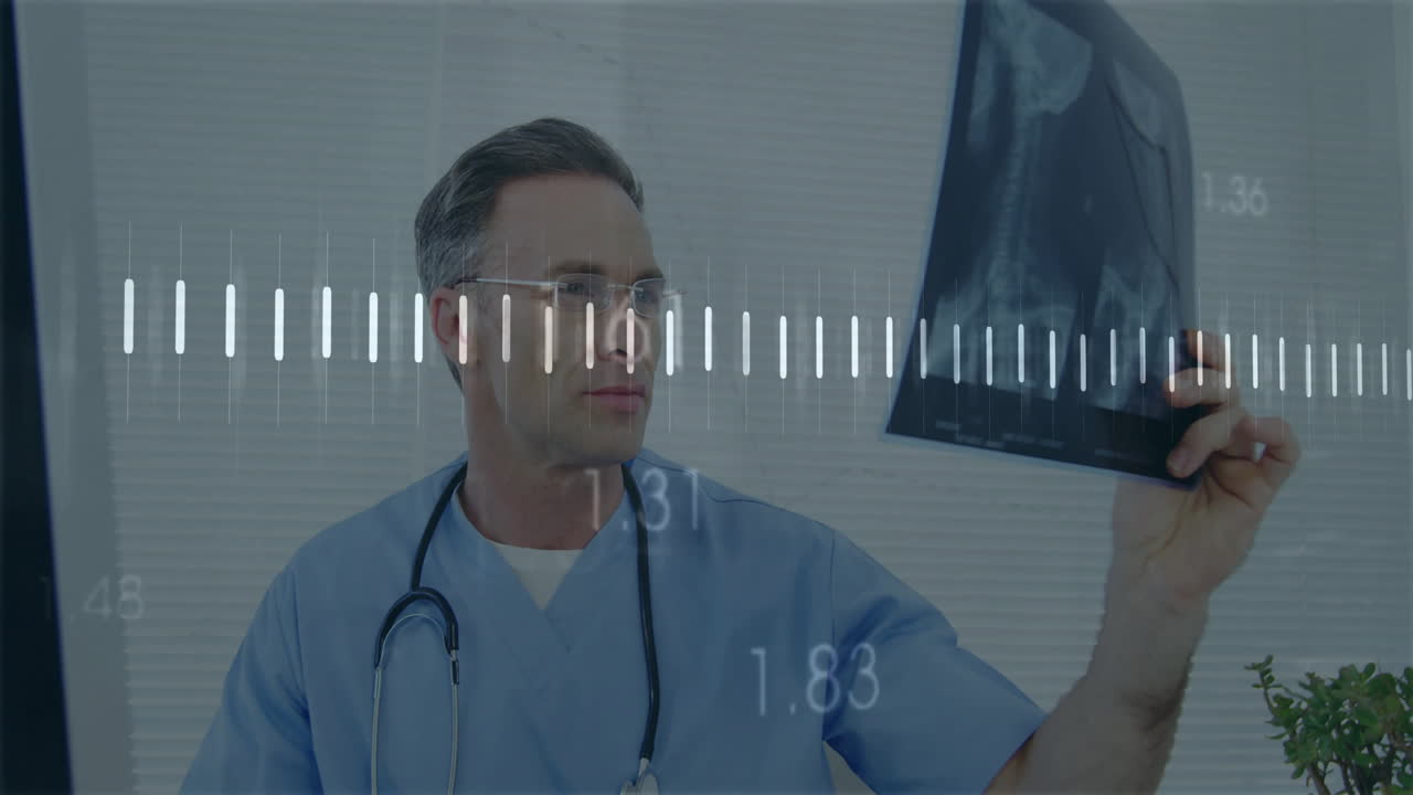 Examining X-ray with medical data animation overlay, doctor in hospital
