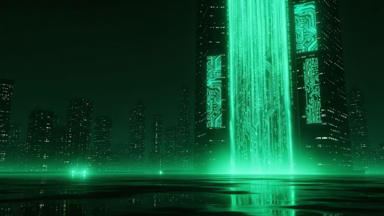 A Futuristic Neon Cityscape with Glowing Green Digital Rain and Towering Structures Symbolizing Advanced Technology and Cybernetic Evolution