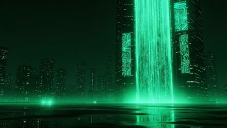 a futuristic neon cityscape with glowing green digital rain and towering structures symbolizing advanced technology and cybernetic evolution