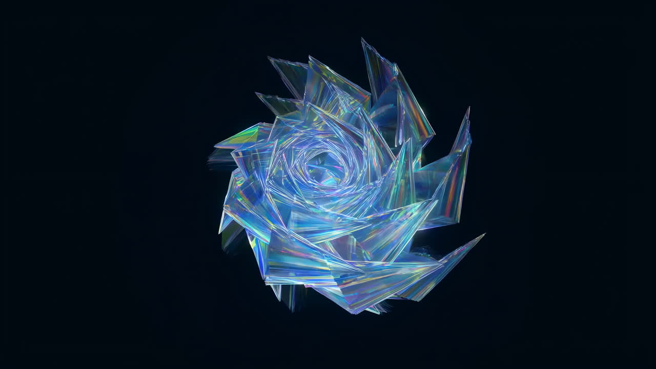 Abstract Holographic Geometric Crystal Shape Expanding on Black Background