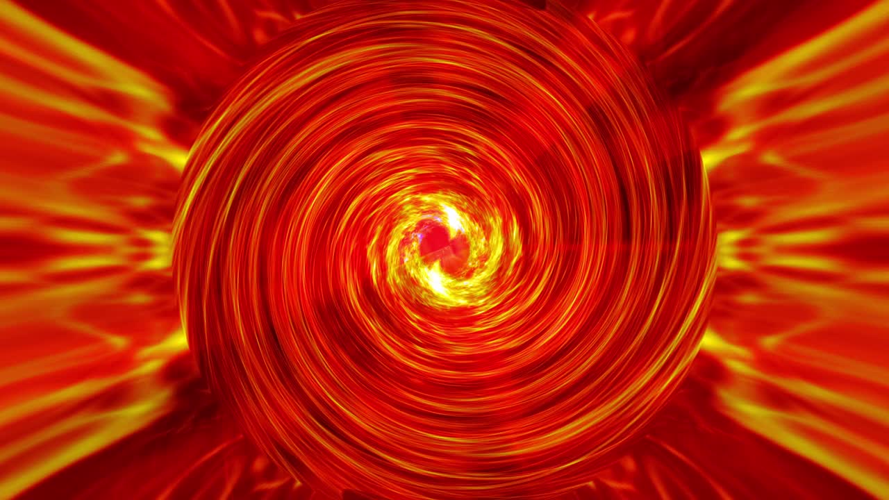 Abstract illusion motion graphic loop of yellow orange red psychedelic twisting helix vortex energy light. 4K loop fast moving colorful round striped swirling hypnotic rotating abstraction art effect.