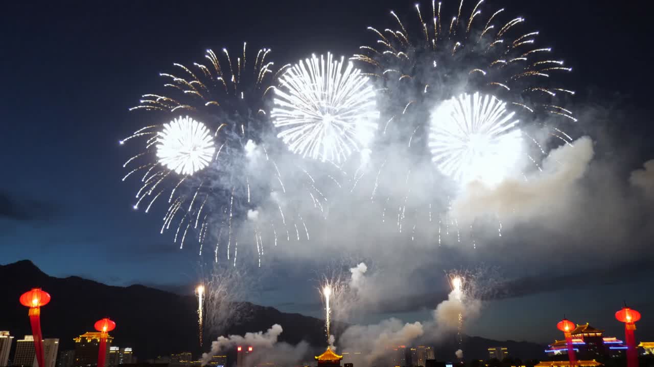 祭りの夜、迫撃砲が発射され、砲弾が夜空に舞い上がり爆発し、柳が咲き、煙が立ち込めます。