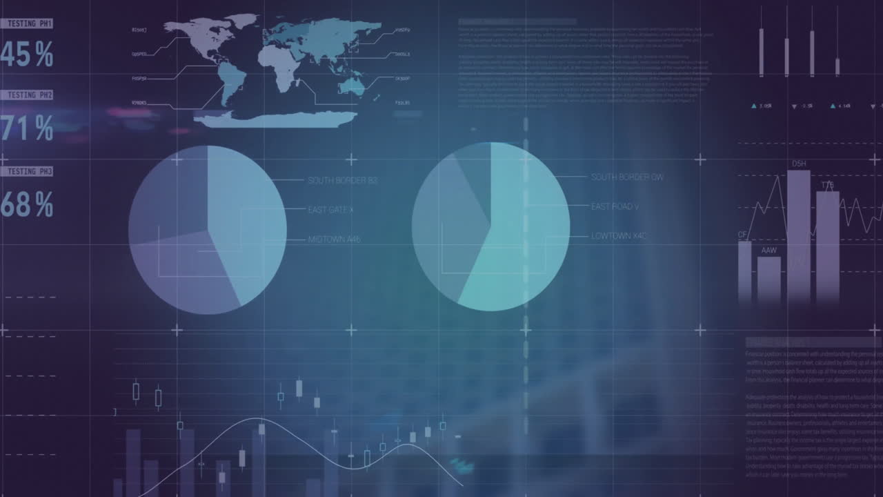 Animation of financial data processing over city