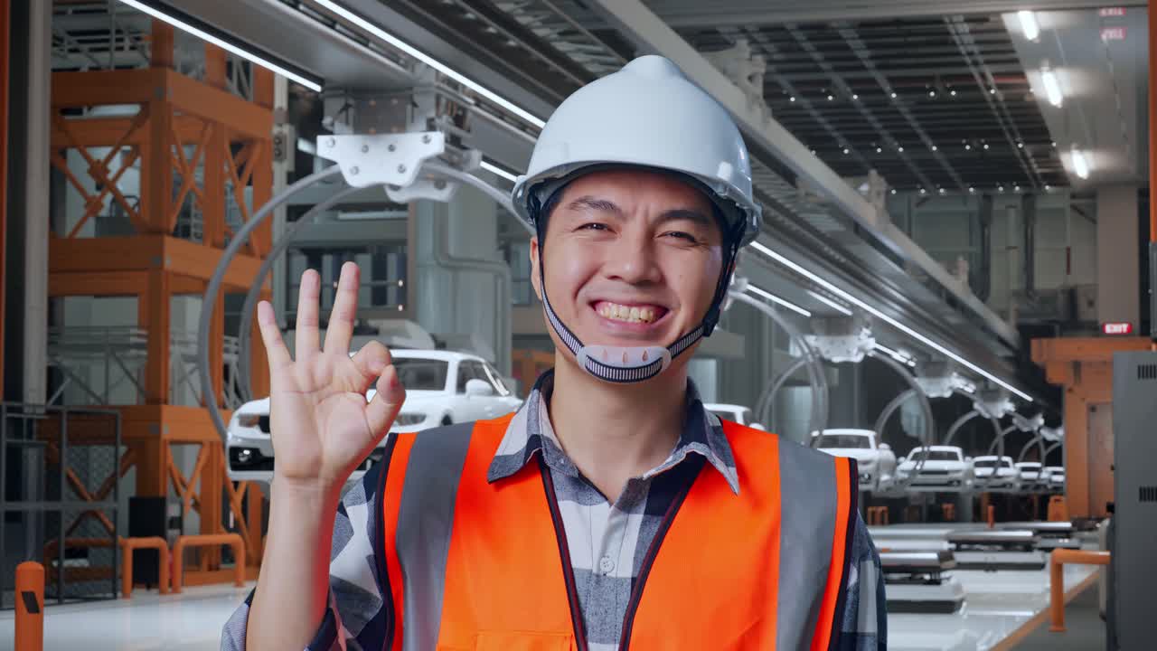 안전 헬을 입은 아시아 남성 엔지니어가 미소 짓고 ev 자동차 공장에서 서 있는 동안 카메라에 은 몸짓을 보여주고 있습니다.