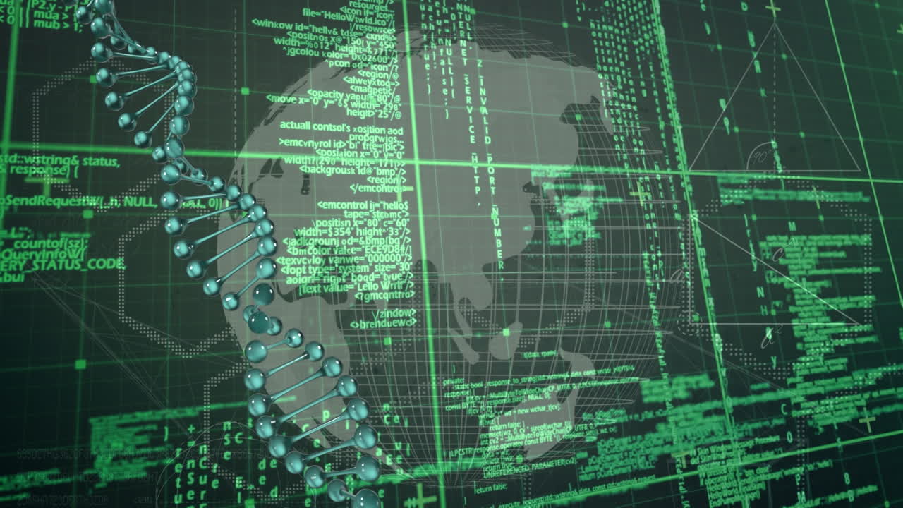 animación de cadena de adn giratoria sobre procesamiento de datos y globo
