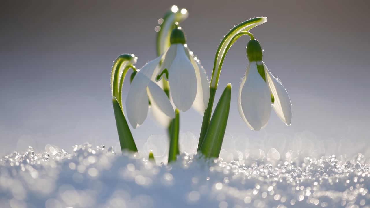 Close-up video of snowdrops emerging through glistening snow, captured at a low angle