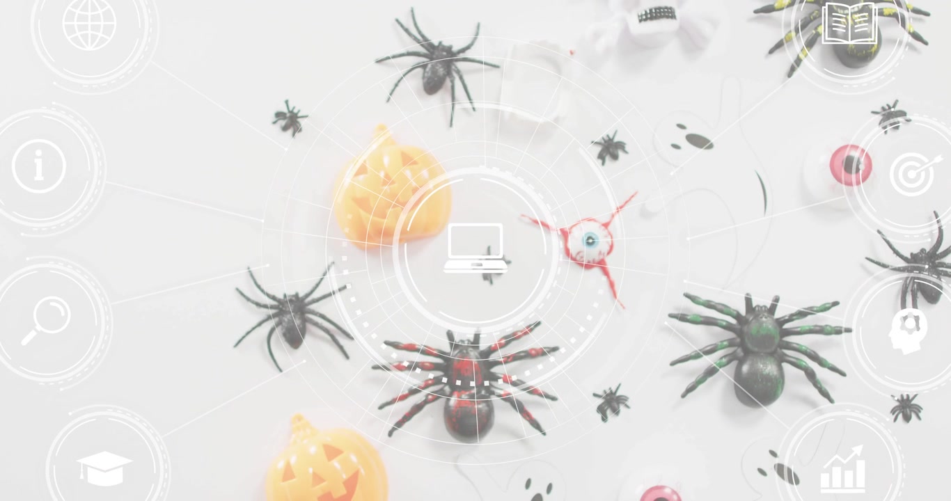 Une icône de démarrage émergeant avec des anneaux pulsants sur un fond d'Halloween et des icônes s'estompant, présentant une interface.