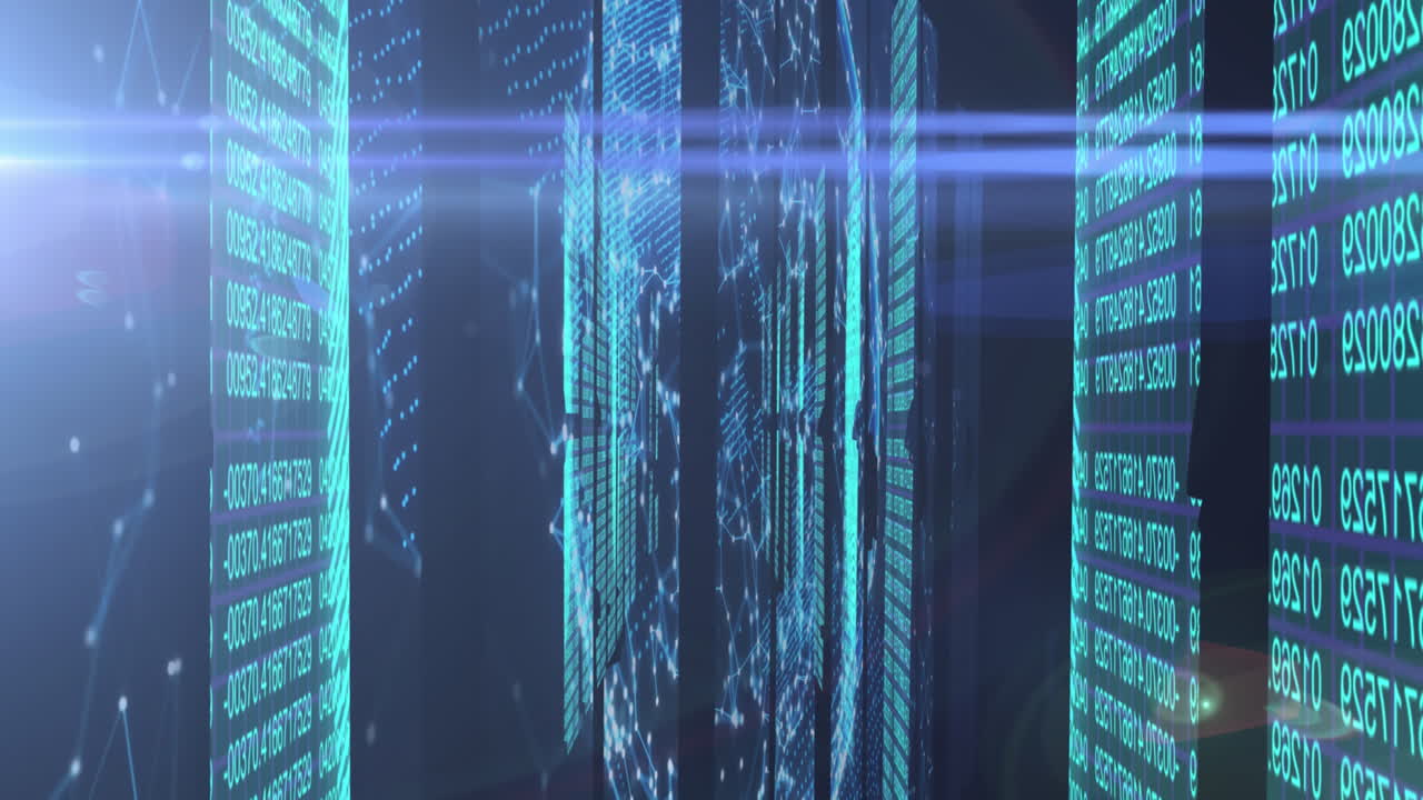 Animation of moving shapes and data processing on black background