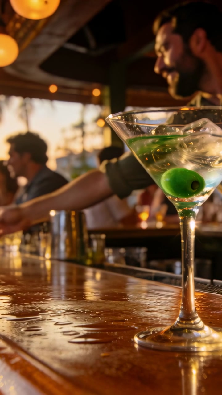Vertical video: Entering bartender reaching, serving patrons while martini glass at bar, copy space
