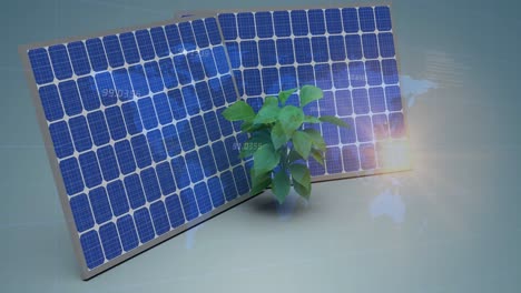 Animation-of-numbers-and-world-map-over-solar-panel-and-plant-sampling-on-blue-background