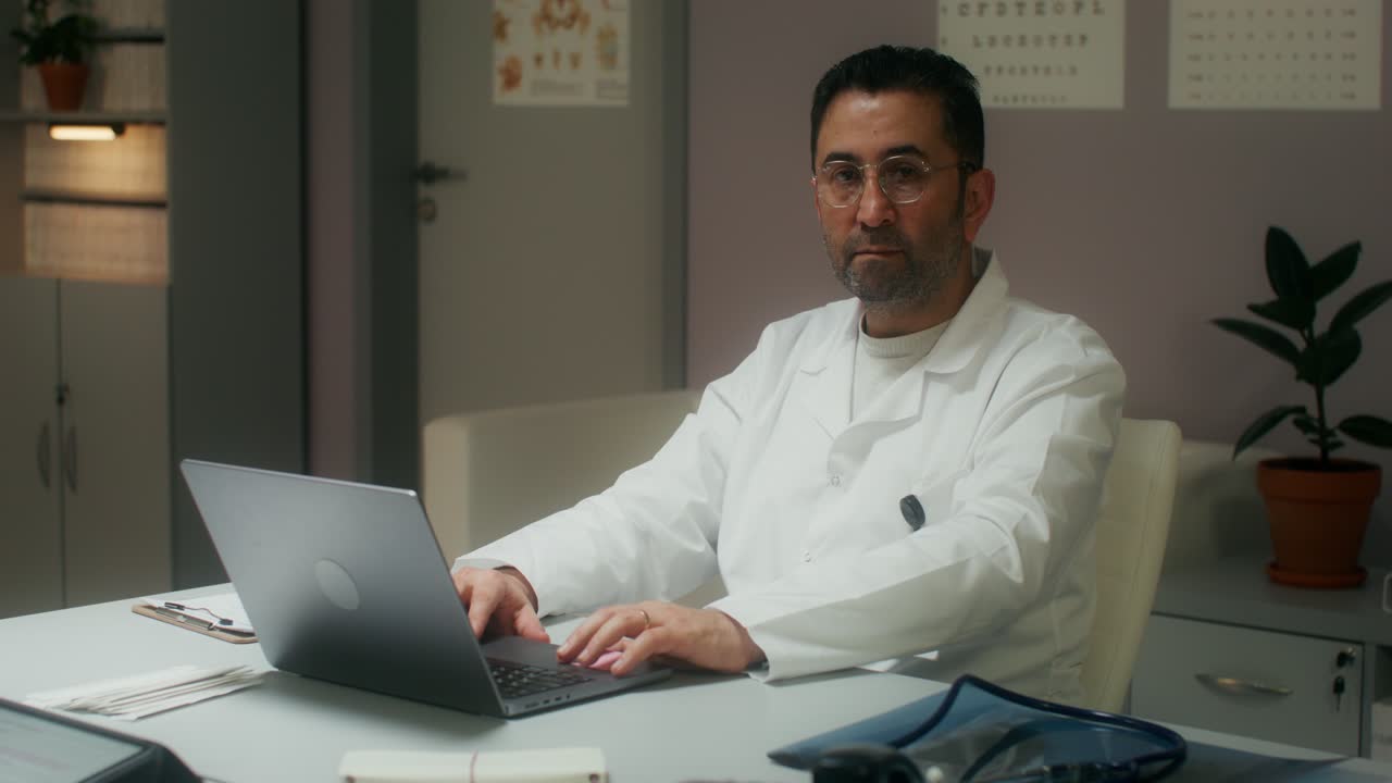 médico trabajando en una computadora portátil en la oficina