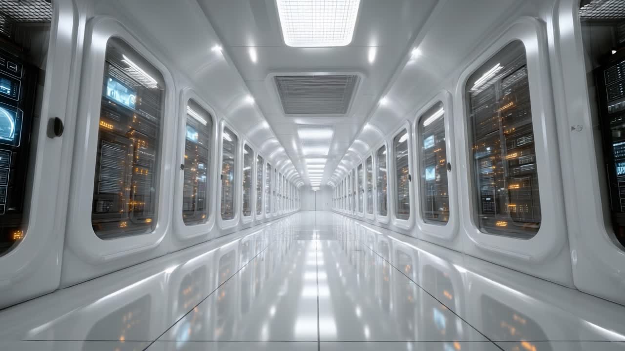 Un corridoio high-tech che mette in mostra una server room elegante e futuristica, con pannelli illuminati e un pavimento immacolato, a dimostrazione di tecnologia avanzata ed estetica di design moderno