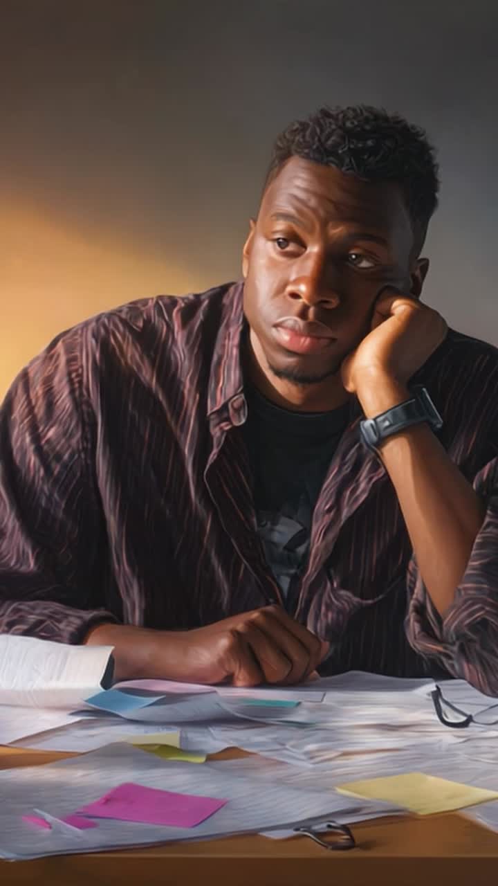 A young man in deep thought, surrounded by scattered papers and notes, looking contemplative and absorbed in his thoughts while seated at a desk under soft lighting