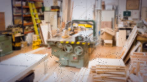 in workshop, woodworking tools with animation of digital network connections