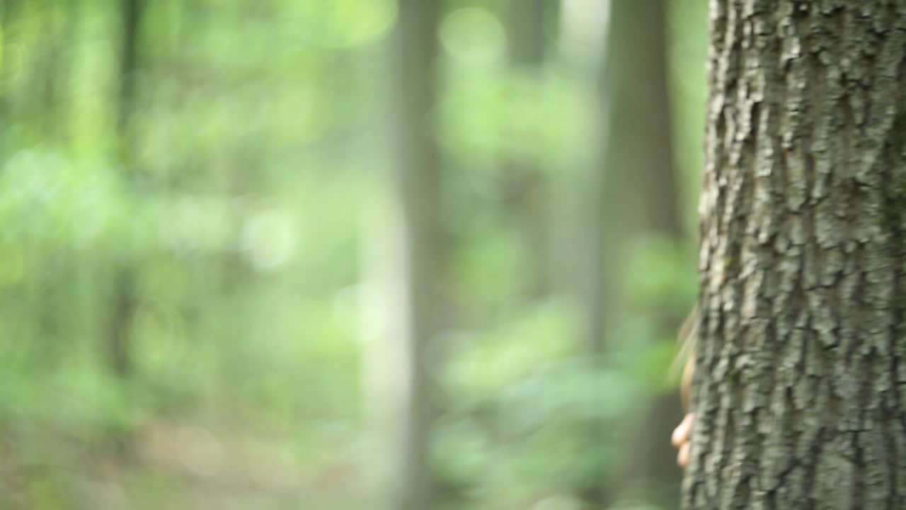 Woman Walking In Mysterious Forest. Woman in red long dress walking in mysterious forest