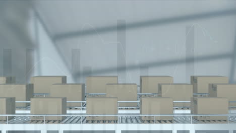 procesamiento de datos estadísticos en múltiples cajas de entrega en cinta transportadora contra el almacén