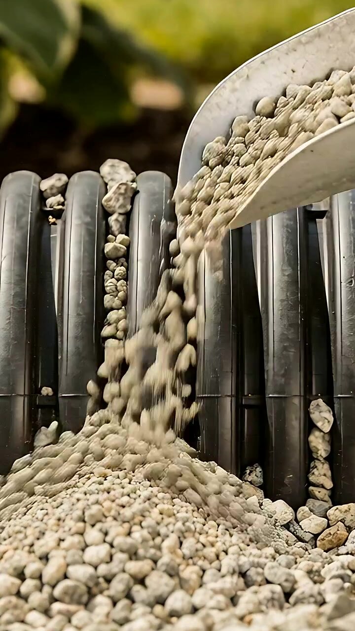 Vertical video: Tilting metal scoop pouring granules into black ribbed pipe in garden, filling ribs