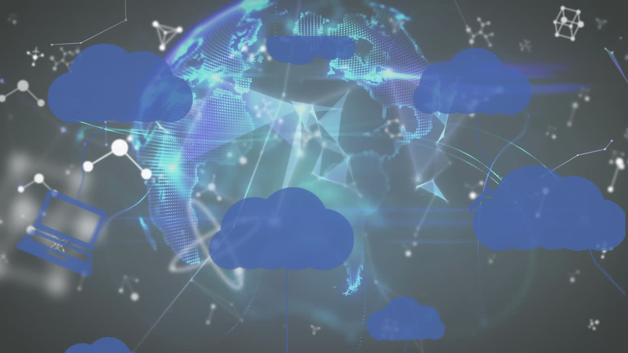 animación del globo, nubes digitales y red de conexiones