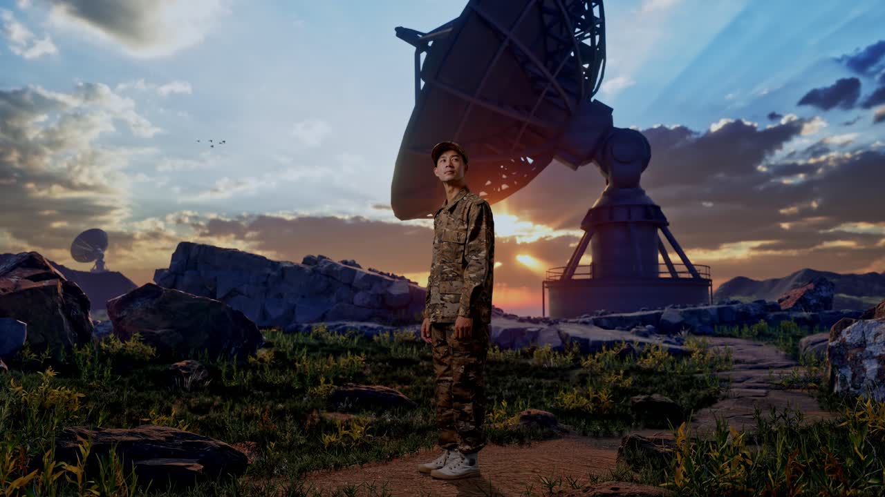 Full Body Of Side View Asian Man Soldier Looking Around While Standing With Satellite Dish