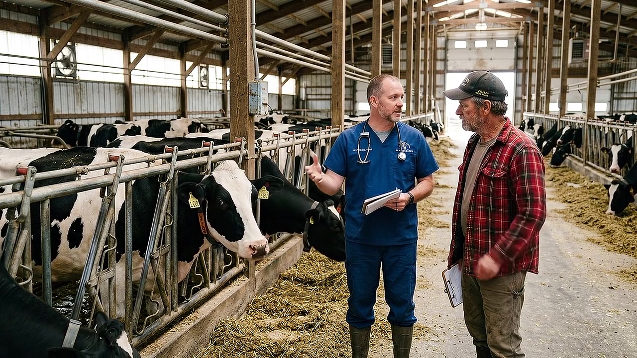 Veterinario in consultazione con un agricoltore in una stalla da latte