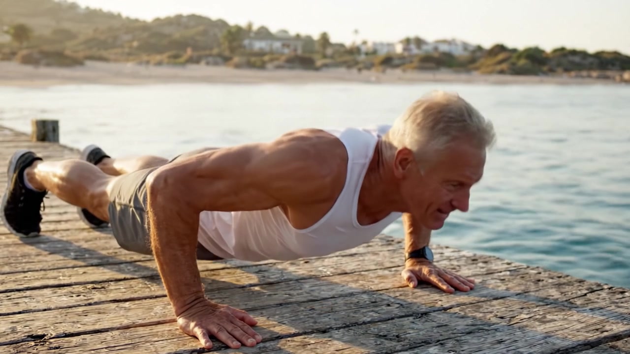 An elderly man performs push-ups on a wooden dock by the serene waters, showcasing fitness and dedication to health in a beautiful outdoor setting.