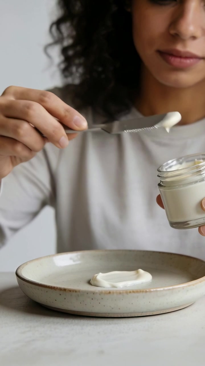 Video verticale: donna che preleva crema da un barattolo e la spalma su un piatto a casa per servirla con un coltello