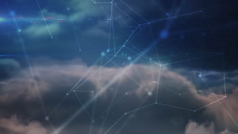 network of connections and data processing animation over clouds in sky