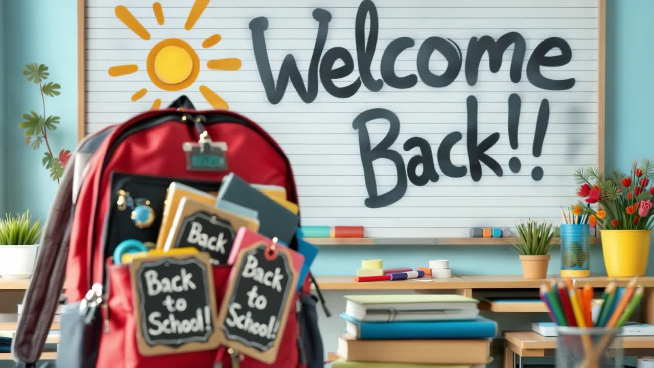 Welcome Back to School Classroom Scene with Backpack and Supplies