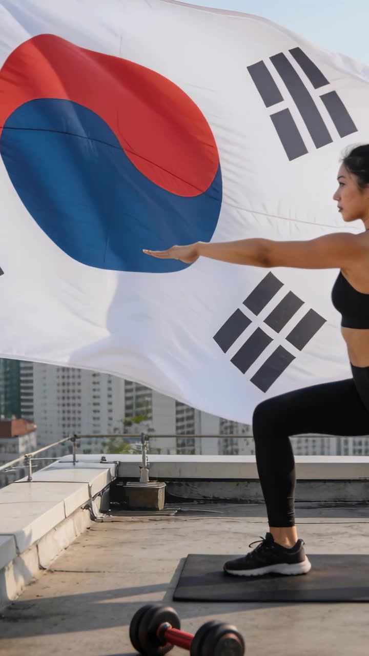 Video verticale: Donna accovacciata in abbigliamento sportivo si bilancia su un tappetino sul tetto, bandiera coreana che sventola, spazio per il testo.