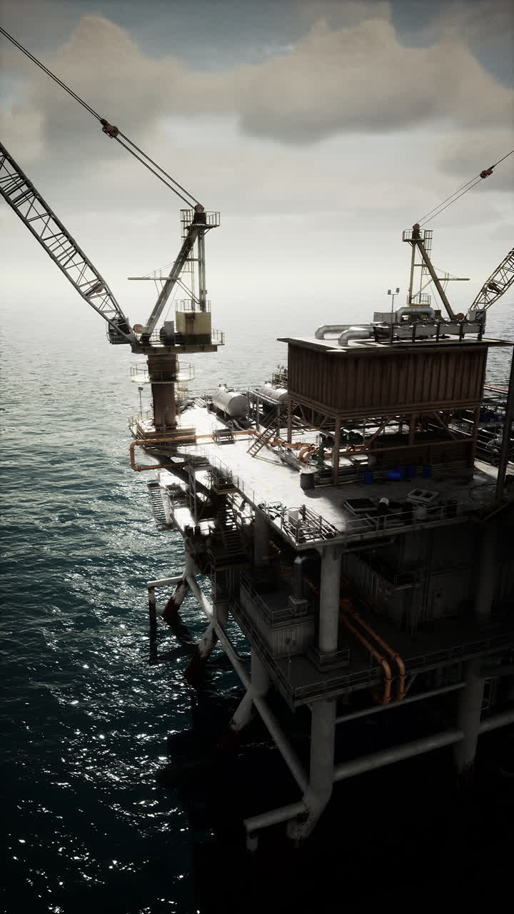Solnedgangssilhuet af en gammel olieplatform på havet