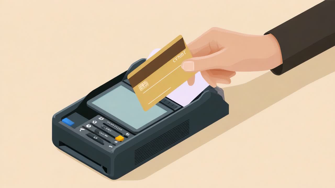 A close-up view of a hand using a card on a payment terminal, showing the process of making a transaction and the receipt being printed, capturing modern payment technology
