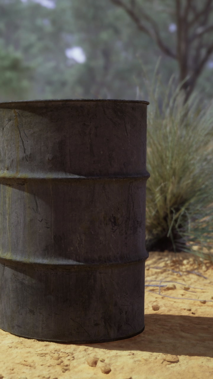Metal barrel stands in dirt near bushes under a clear sky