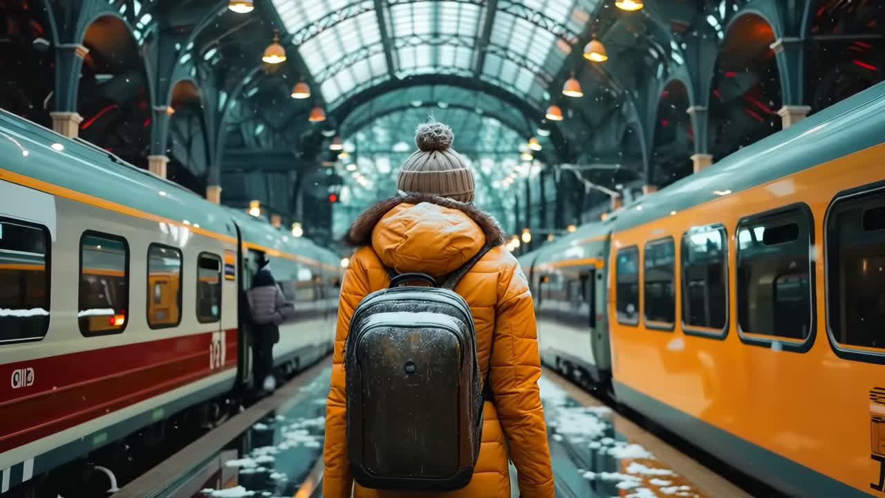 человек с рюкзаком, стоящий перед поездом на железнодорожном вокзале