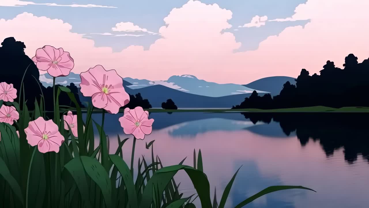 Animated landscape with pink flowers by a lake at sunset